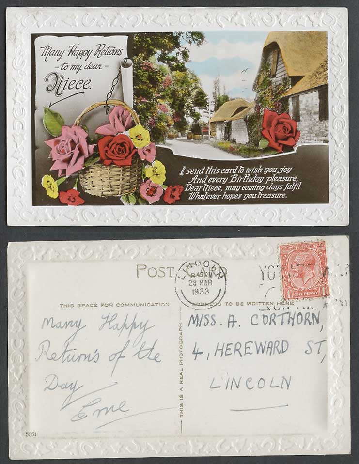 Many Happy Returns to my dear Niece Rose Flower Cottage Street 1933 Old Postcard