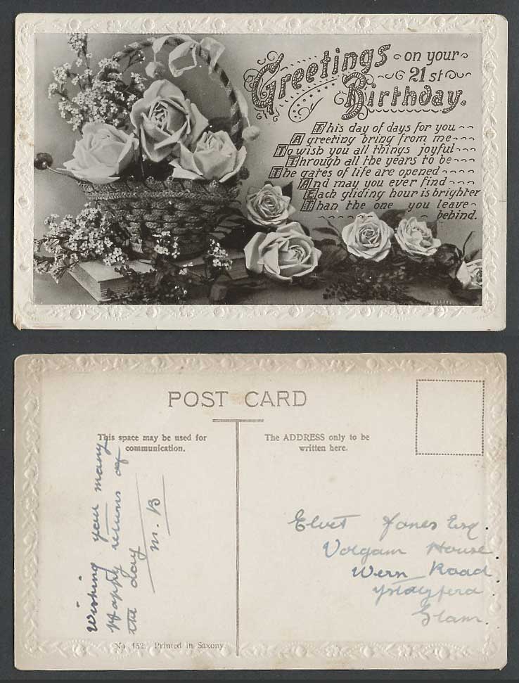 Greetings on your 21st Birthday, Rose Roses Flowers Basket Old Embossed Postcard