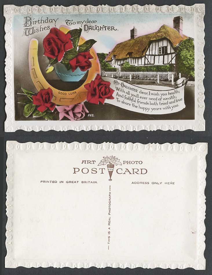 Birthday Wishes to My Dear Daughter Thatched Cottage Horseshoe Rose Old Postcard