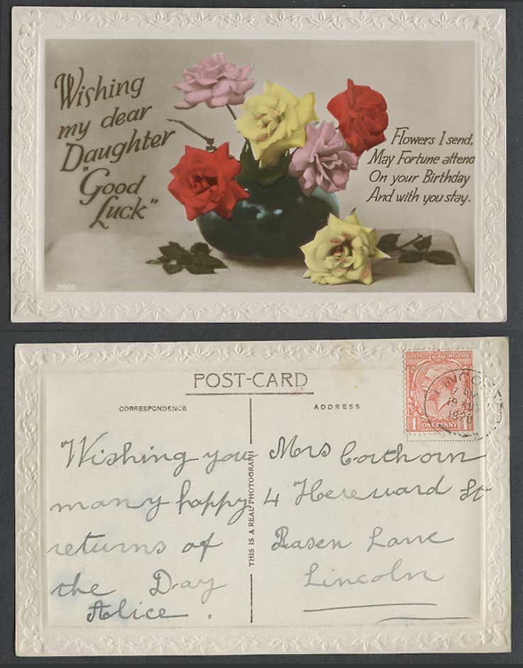 Wishing my dear Daughter Good Luck Greetings, Roses Flowers 1d 1928 Old Postcard