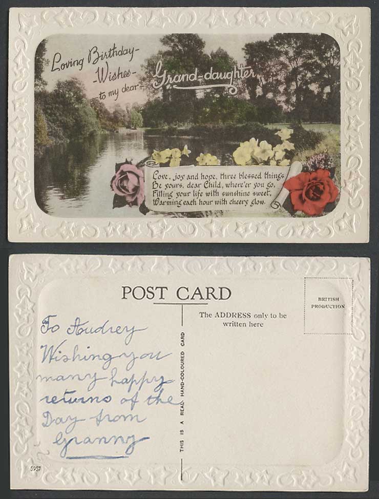 Loving Birthday Wishes to my dear Grand-Daughter Roses Flowers Lake Old Postcard