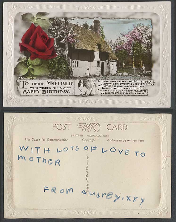 Happy Birthday To Dear Mother Thatched Cottage Dog Puppy Flowers Old RP Postcard