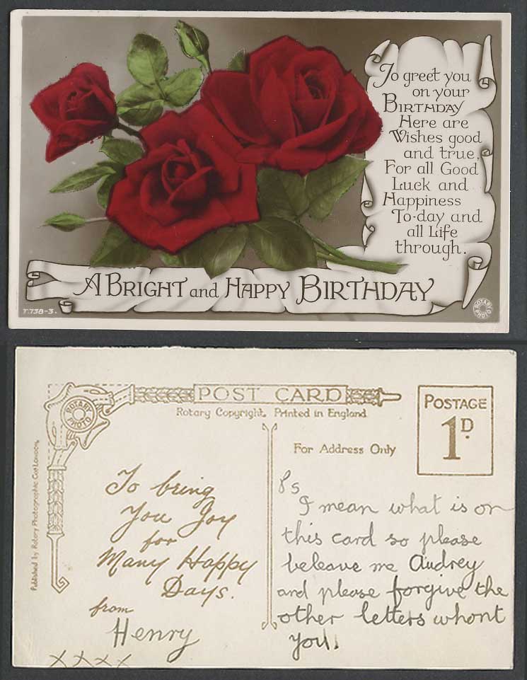 Red Roses Flowers A Bright and Happy Birthday Greetings Old Postcard Rose Flower