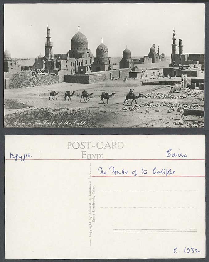 Egypt 1932 Old Real Photo Postcard Cairo, Tombs of Califs, Camels, Camel Caravan