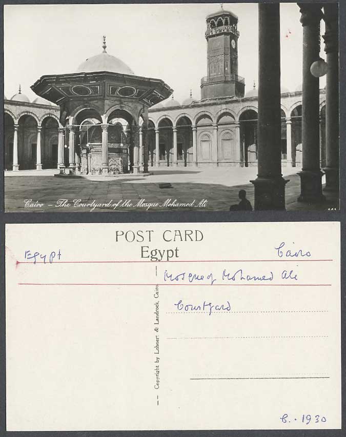 Egypt c.1930 Old R Photo Postcard Cairo Courtyard Mosque Mohamed Ali Clock Tower