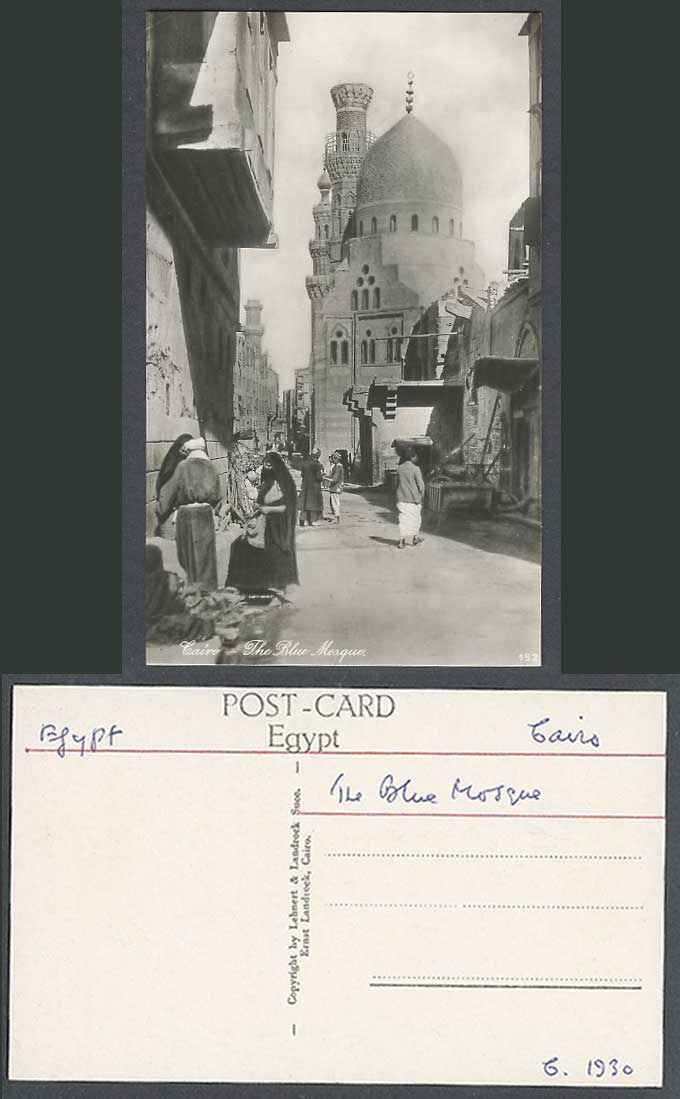 Egypt c.1930 Old Real Photo Postcard Cairo Blue Mosque Street Scene Veiled Woman