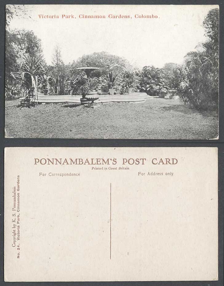 Ceylon Old Postcard Victoria Park Cinnamon Gardens Colombo Fountain Garden KSP24