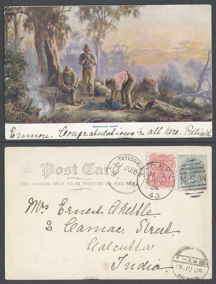 Australia Sydney to Calcutta India QV 2d & 1d 1904 Old UB Postcard Breaking Camp