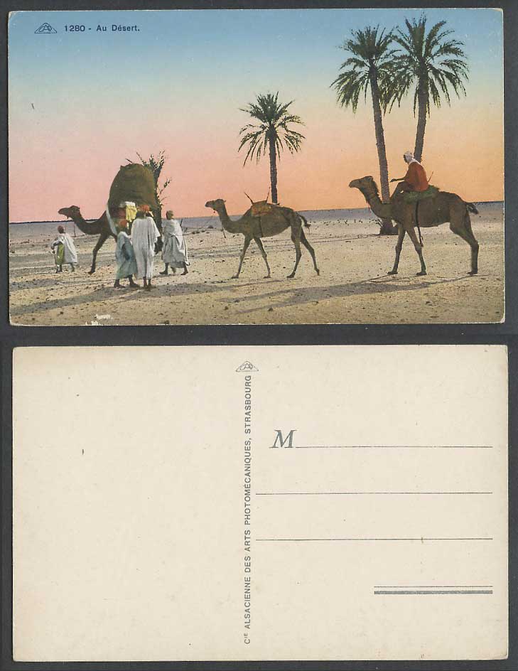 Egypt Old Colour Postcard Camels au Desert, Camel Rider, Date Palm Trees, Sunset