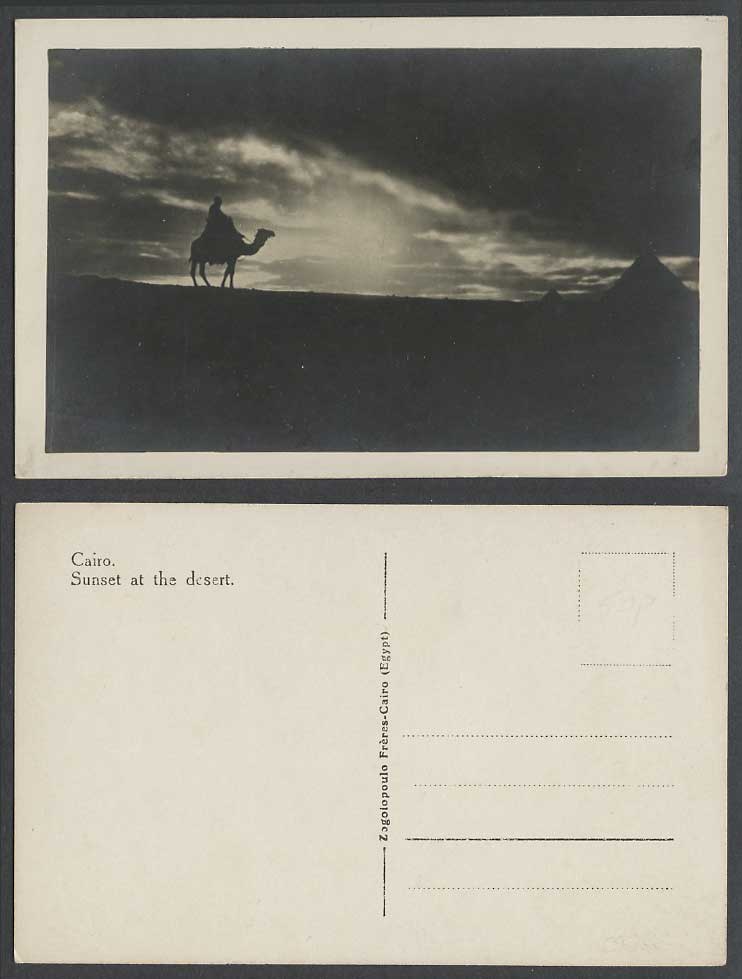 Egypt Old Real Photo Postcard Cairo, Sunset at the Desert, Camel Rider, Pyramids