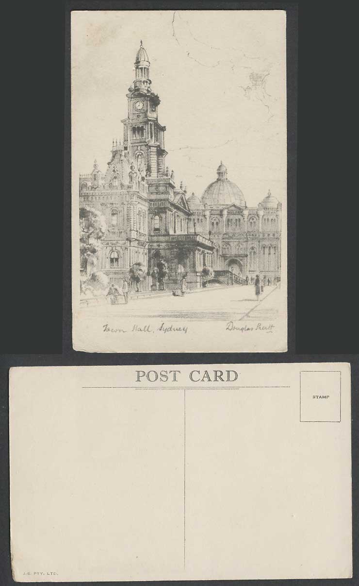 Australia Old Postcard Sydney Town Hall Street Scene Douglas Pratt Artist Signed