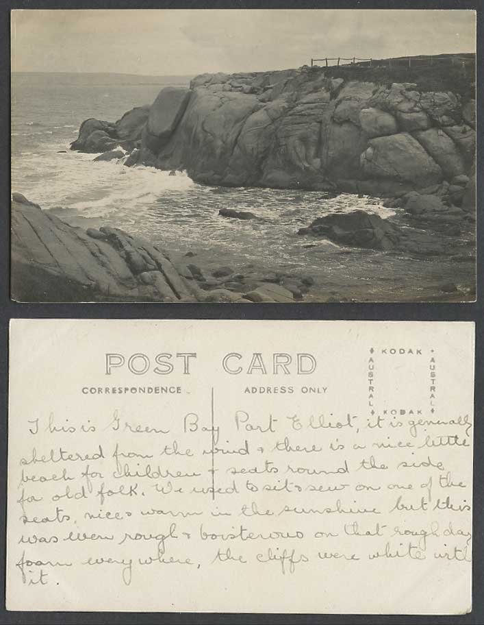 South Australia Old Real Photo Postcard Green Bay Port Elliot Cliffs Rocks Beach