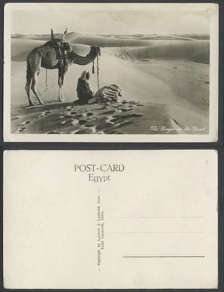 Egypt Old Real Photo Postcard Prayer in Desert, Camel, Native Prayer Sand Dunes