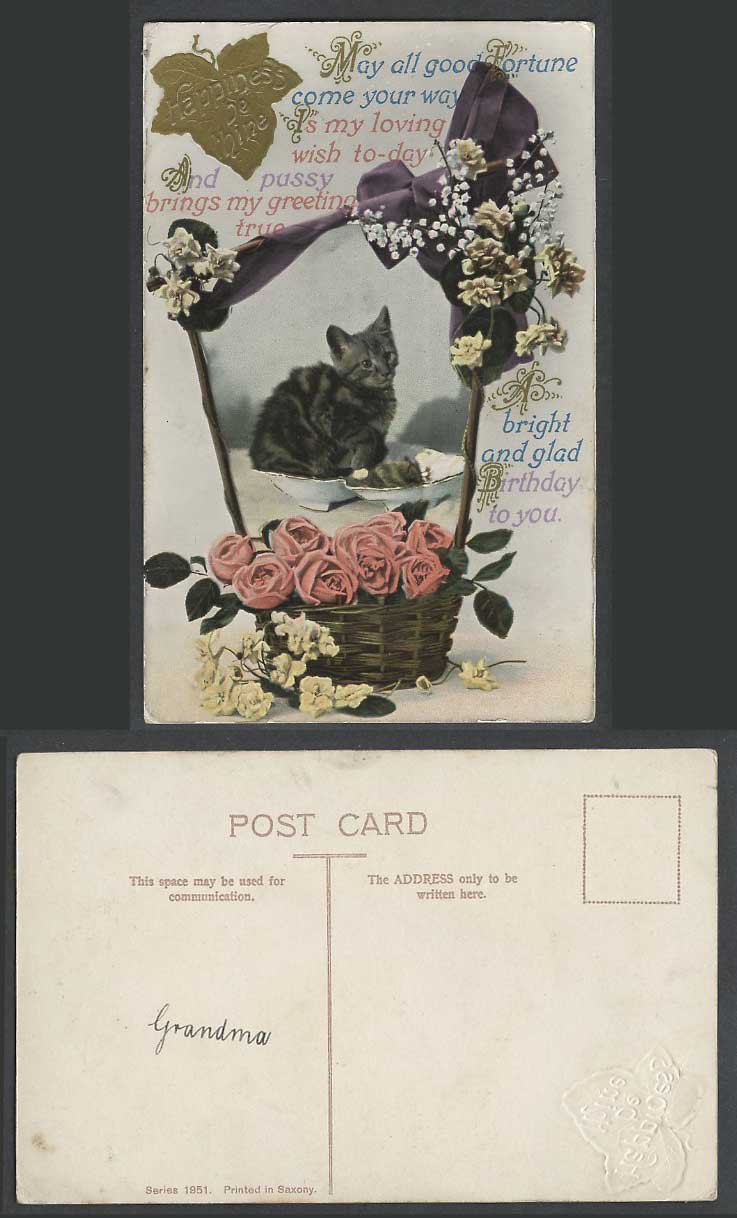 Cat Kitten Rose Flowers Basket Happiness Be Mine Birthday Greetings Old Postcard