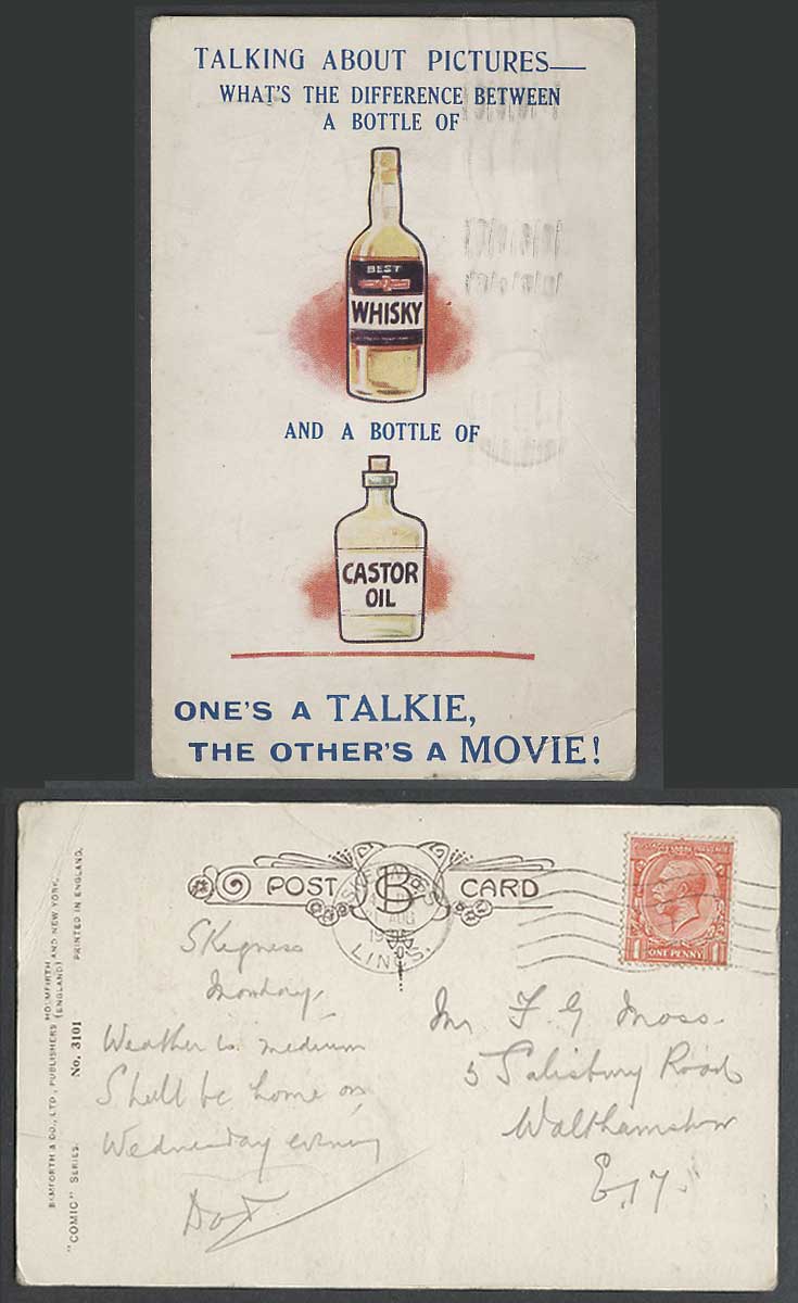 Talking About Pictures Comic Difference of Whisky & Castor Oil 1933 Old Postcard