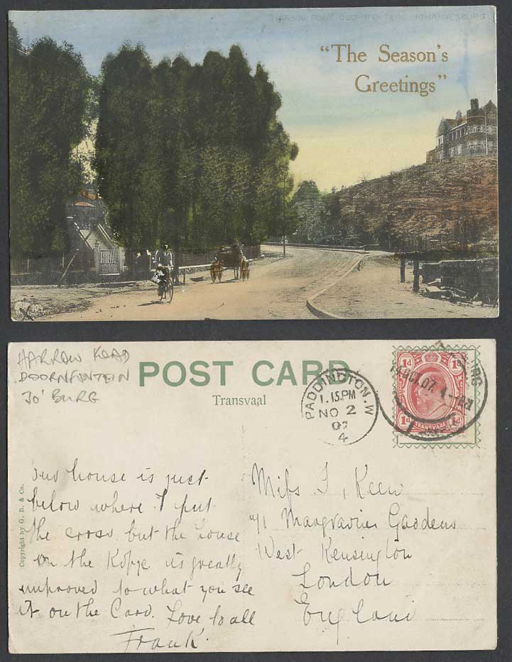 South Africa KE7 1d 1907 Old Postcard Johannesburg Harrow Road Doornfontein Bike