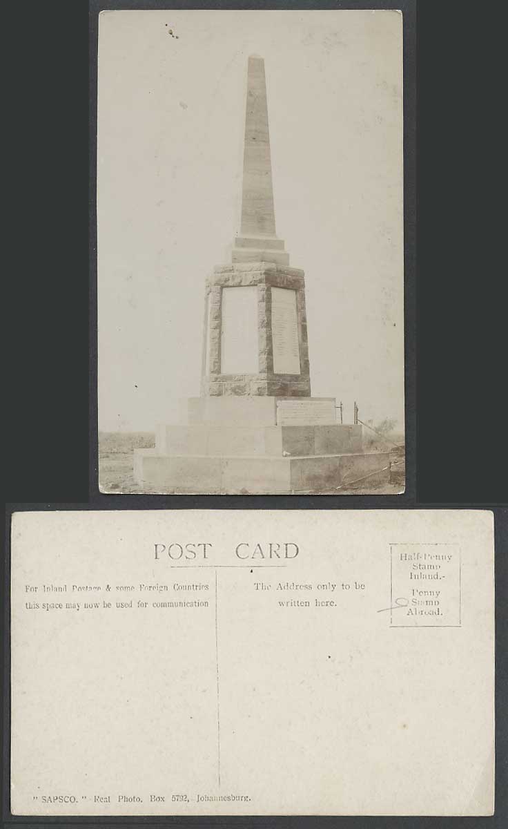 South Africa Memorial Monument Obelisk SAPSCO Johannesburg Old R. Photo Postcard