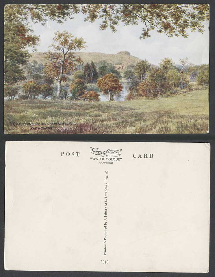 AR Quinton Old Postcard Chanctonbury Ring from Wiston Pond Lake South Downs 3813