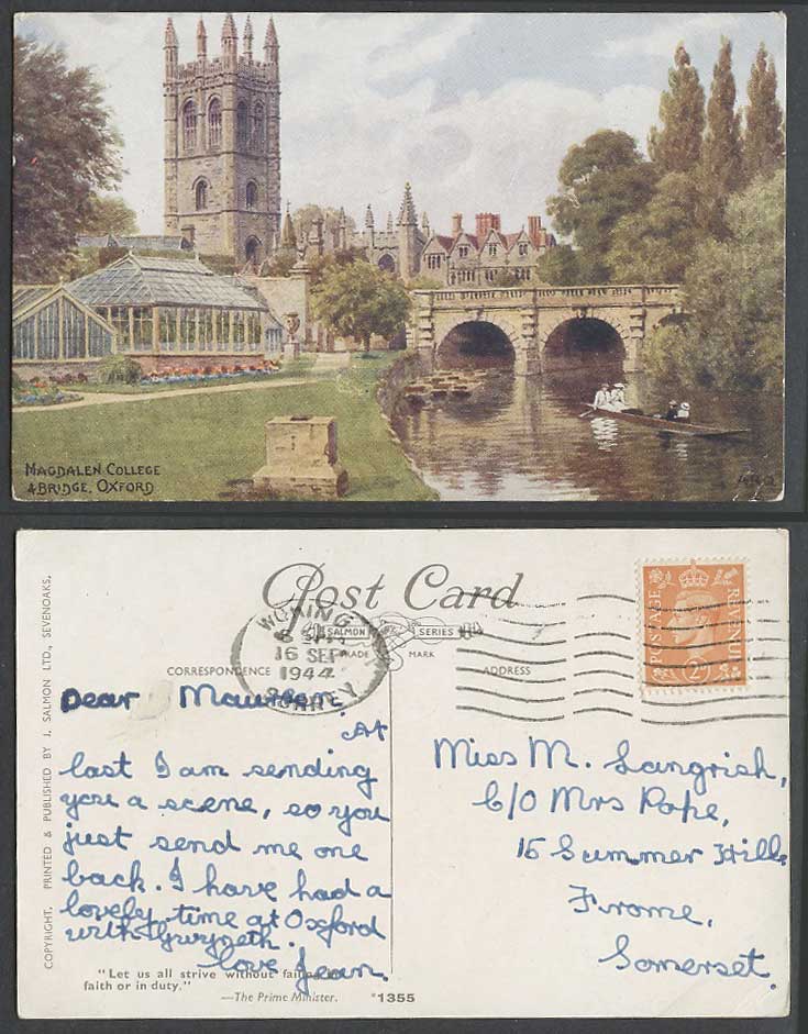 A.R. Quinton 1944 Old Postcard Oxford Magdalen College Bridge River Boating 1355