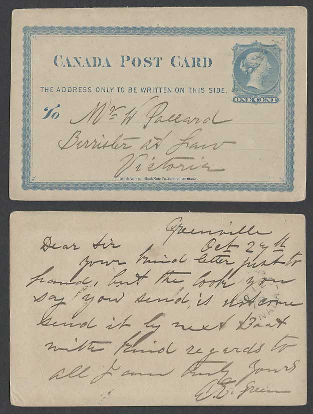 Canada Old Postal Stationery Card Queen Victoria 1c British American Banknote Co