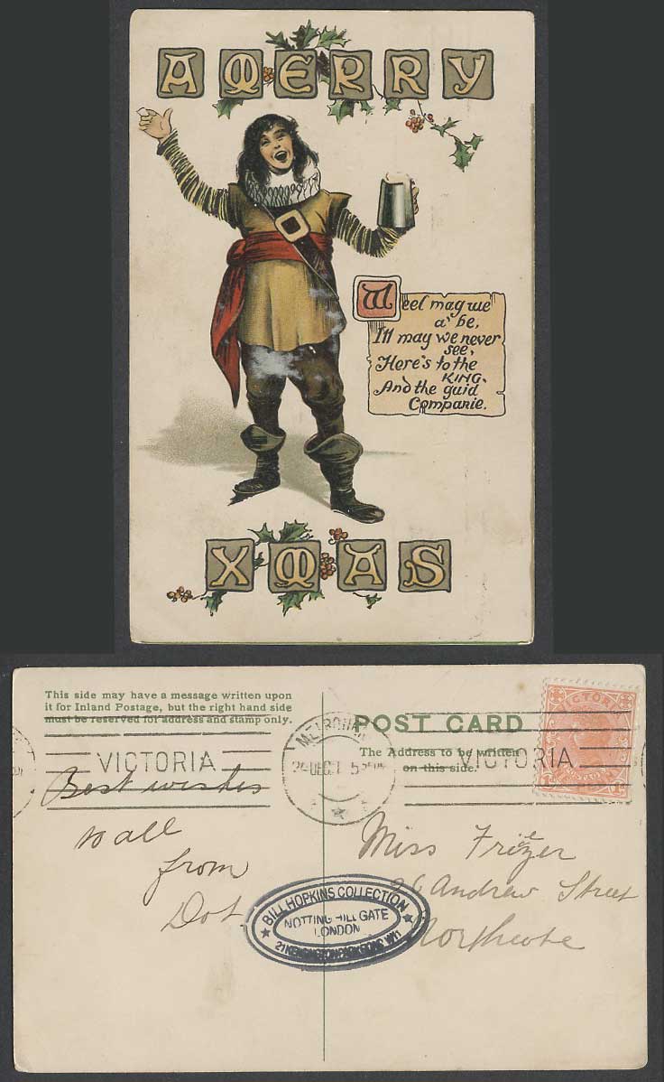 Merry Xmas Christmas Greetings Beer Mug Australia Victoria 1d 1901 Old Postcard