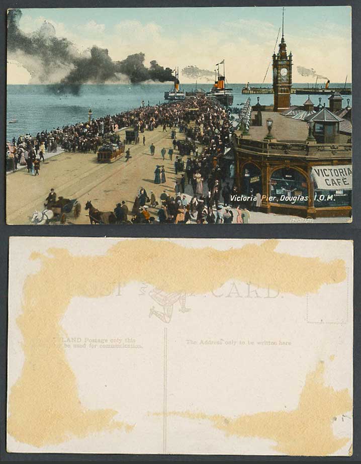 Isle of Man Old Postcard Douglas Victoria Pier Cafe Clock Tower Tram Steam Ships