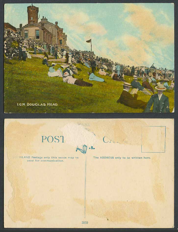 Isle of Man Old Colour Postcard Douglas Head I.O.M. Men Women on Hill Hotel 2859