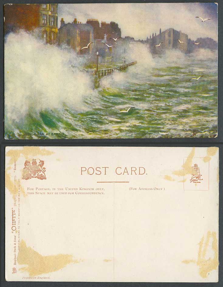 Isle of Man Old Tuck's Oilette Postcard Rough Sea at Ramsey Storm Seagulls Birds