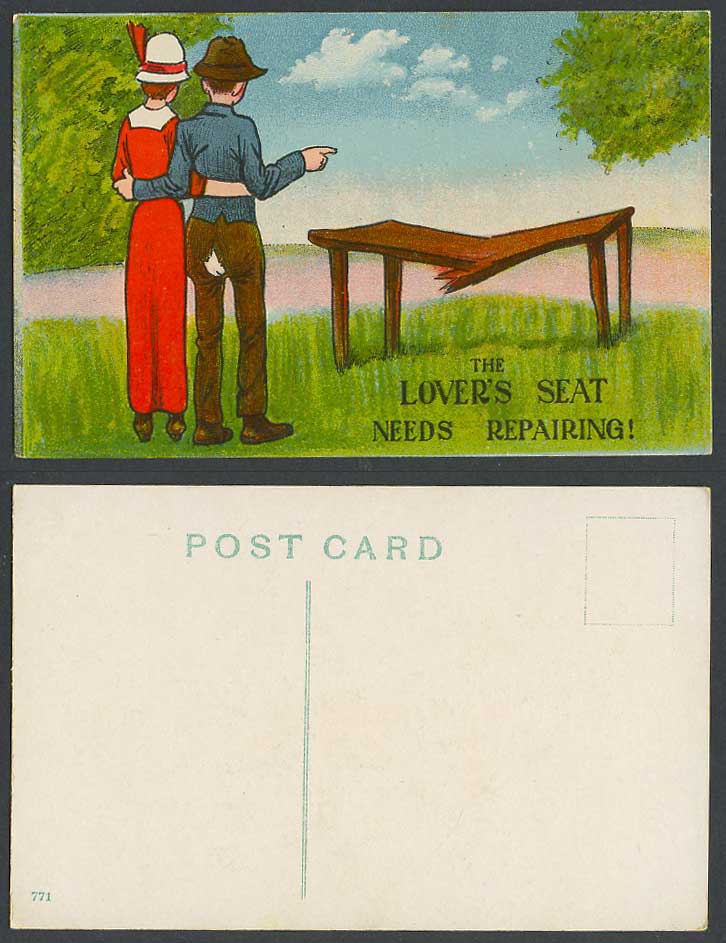 The Lover's Seat Needs Repairing! Woman Man Broken Trousers Romance Old Postcard