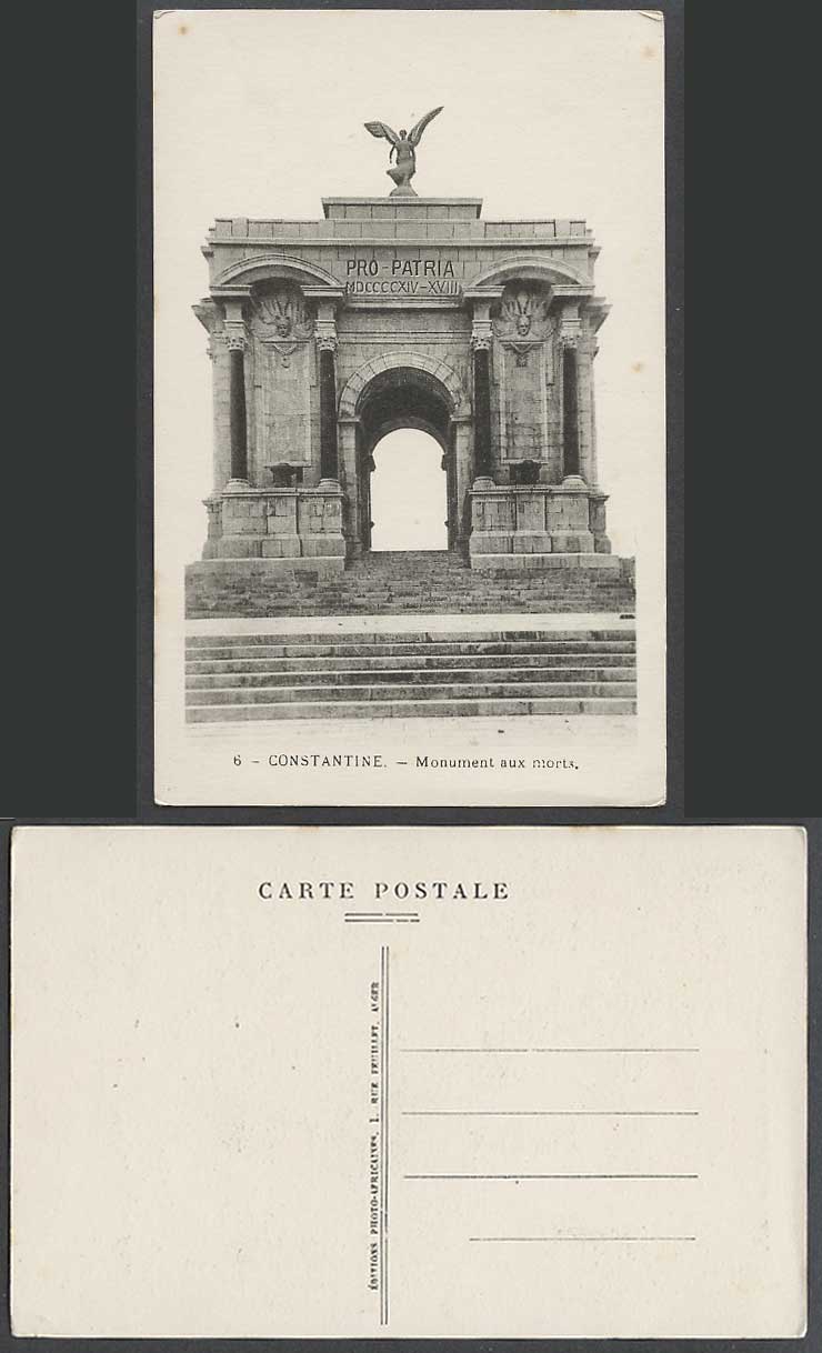 Algeria Old Postcard Constantine Monument aux Morts Pro-Patria Angel Statue Gate