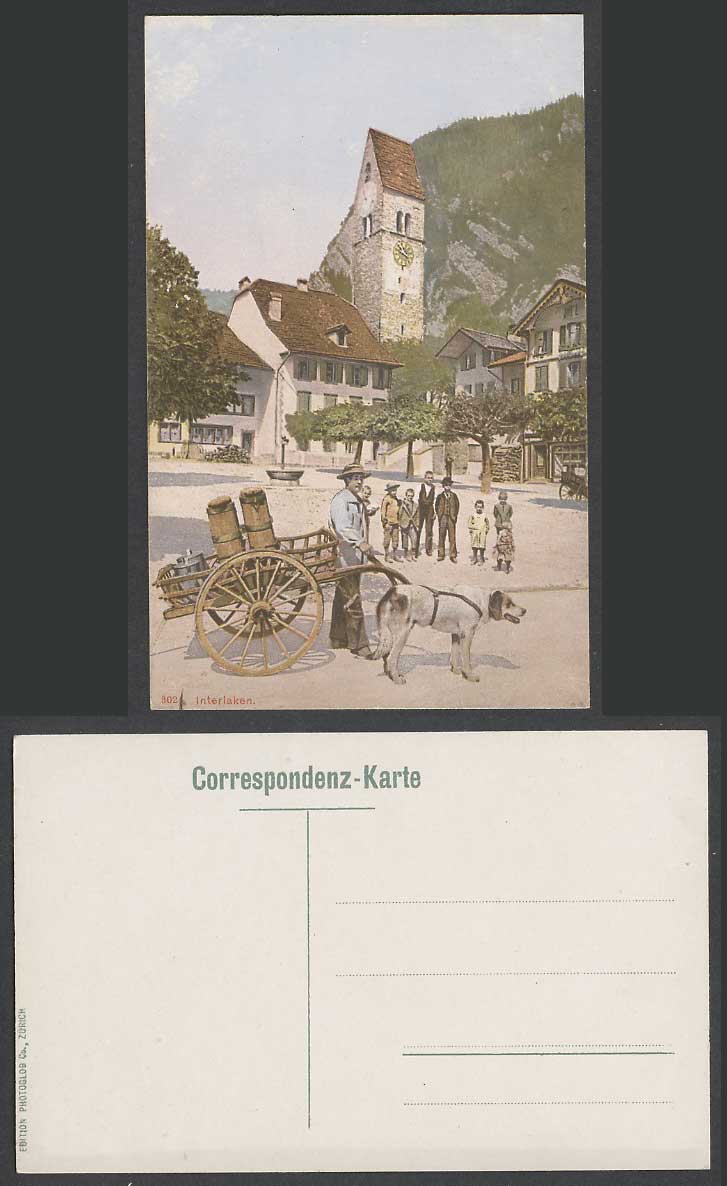 Switzerland Interlaken Dog Drawn Milk Cart Clock Tower Street Scene Old Postcard