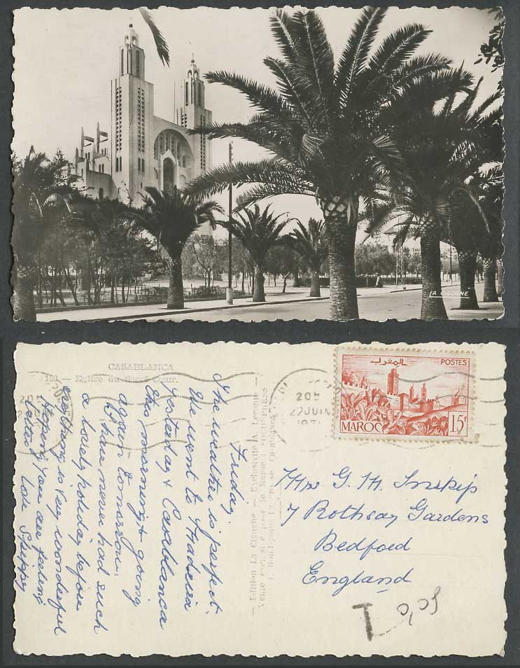 Morocco 15f 1951 Old Real Photo Postcard Casablanca Eglise du Sacre Coeur Church
