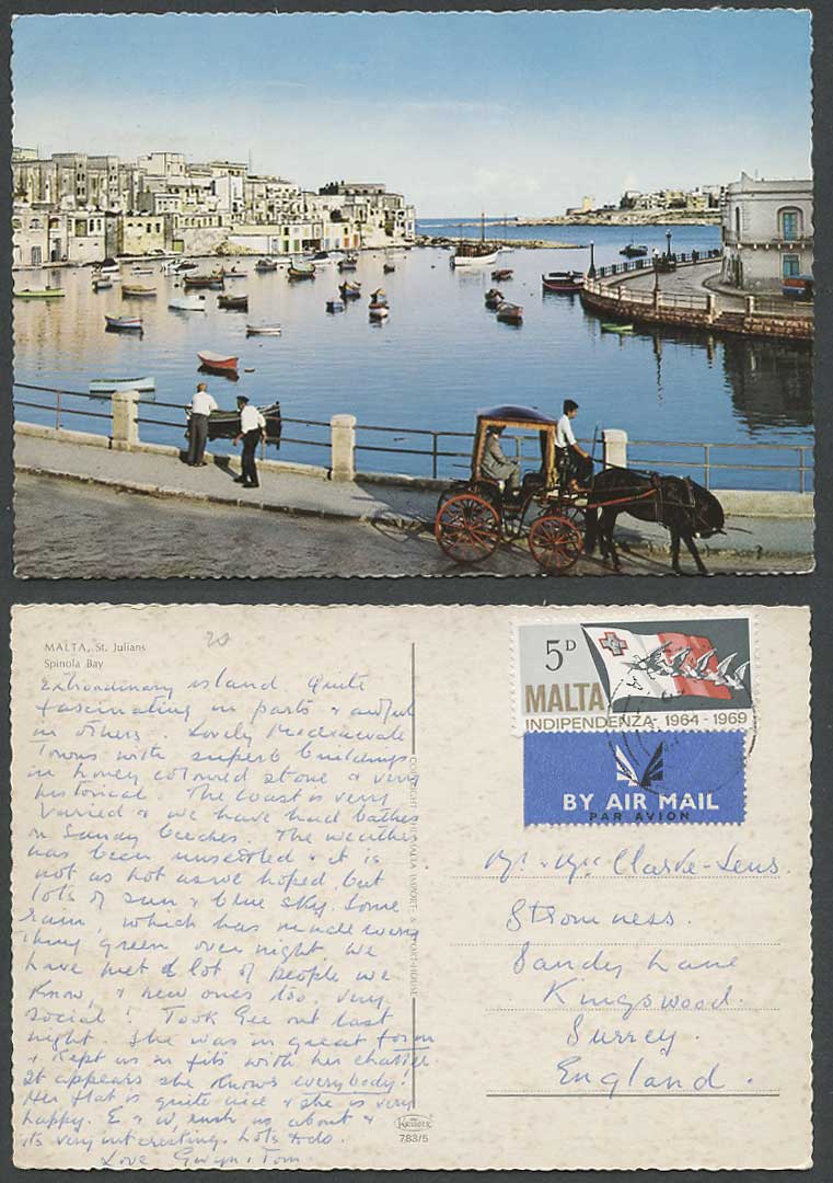 Malta 5d 1969 Old Postcard St. Julians Spinola Bay DGHAISA Boats in Harbour Cart