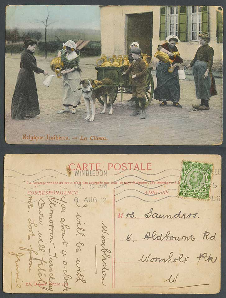 Belgium 1912 Old Postcard Dog Drawn Milk Cart, Belgian Dairy Farmers, Laitieres