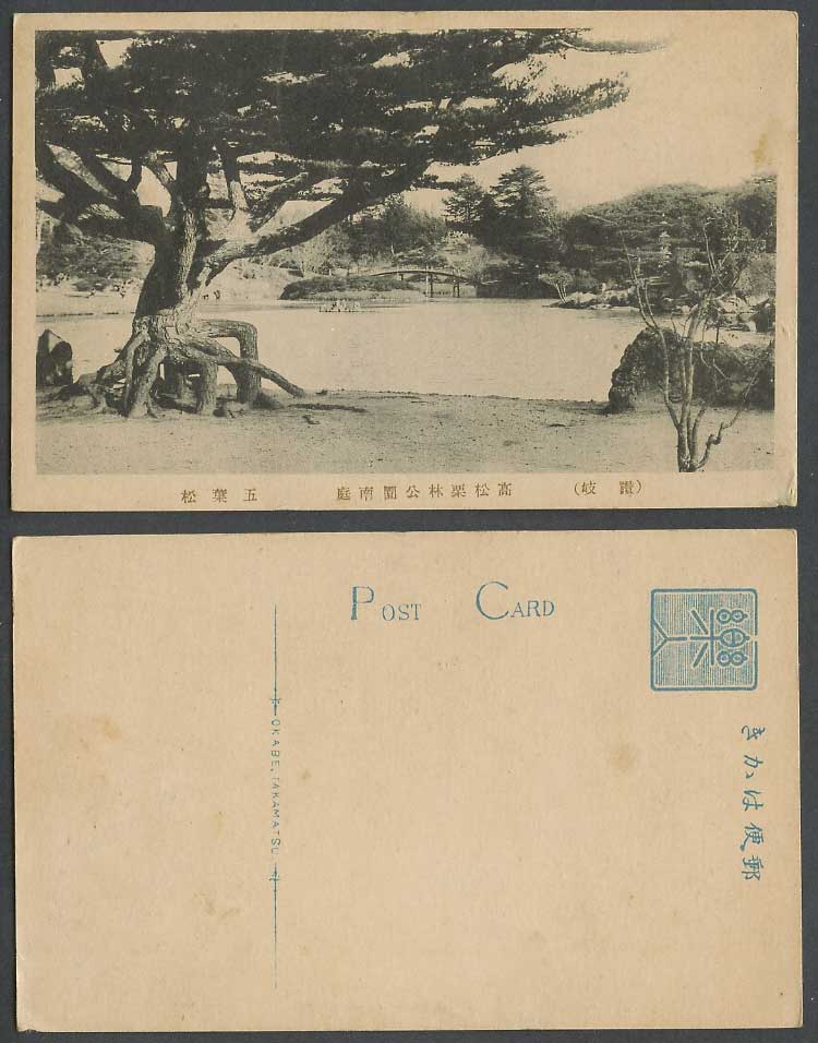 Japan Old Postcard Takamatsu Ritsurin Park S. Garden Bridge Pine Tree 栗林公園南庭 五葉松