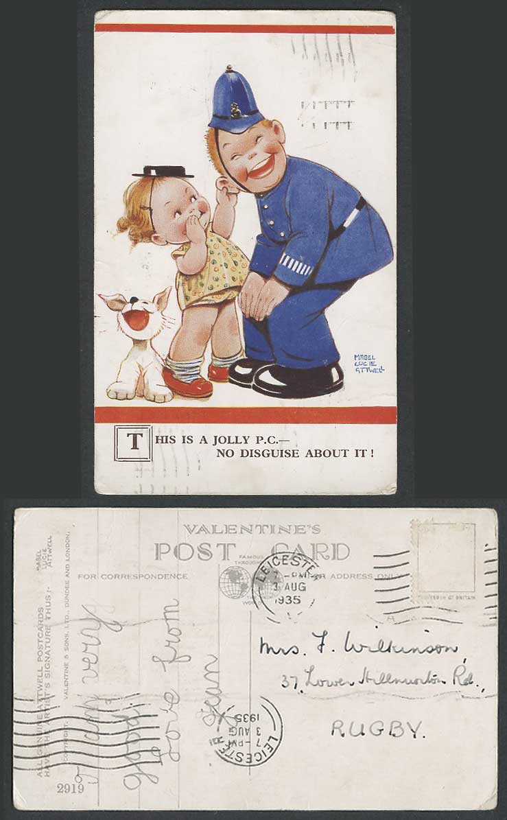 MABEL LUCIE ATTWELL 1935 Old Postcard Girl Police Dog, No Disguise About It 2919