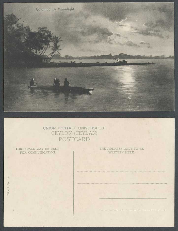 Ceylon Old Postcard Colombo by Moonlight Moon Boating Boat Night Lake Palm Trees