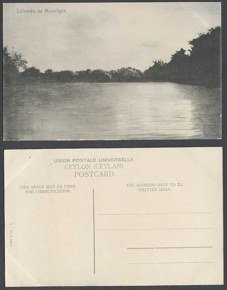 Ceylon Old Postcard Colombo by Moonlight, Lake Panorama by Night, Plate & Co. 3.