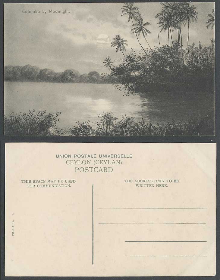 Ceylon Old Postcard Colombo by Moonlight Moon Night Palm Trees Panorama Lake N.1