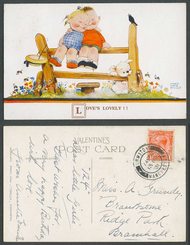 MABEL LUCIE ATTWELL 1931 Old Postcard Love's Lovely! Boy Girl Dog & Flowers 1809