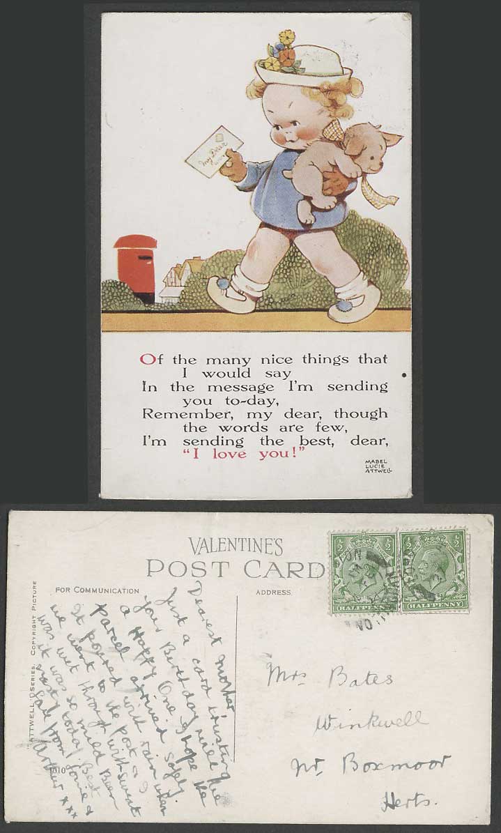 MABEL LUCIE ATTWELL 1927 Old Postcard Message Sending Today I Love You, Dog 1010