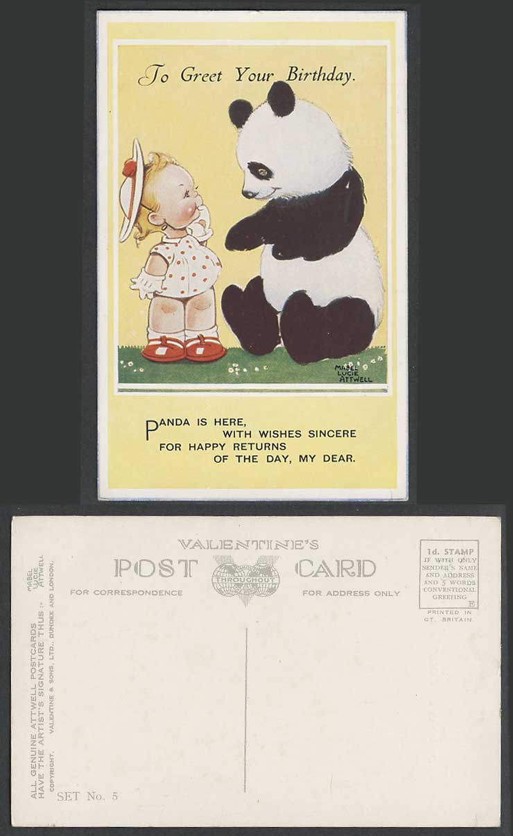 MABEL LUCIE ATTWELL Old Postcard China Chinese GIANT PANDA & Girl Birthday Set 5