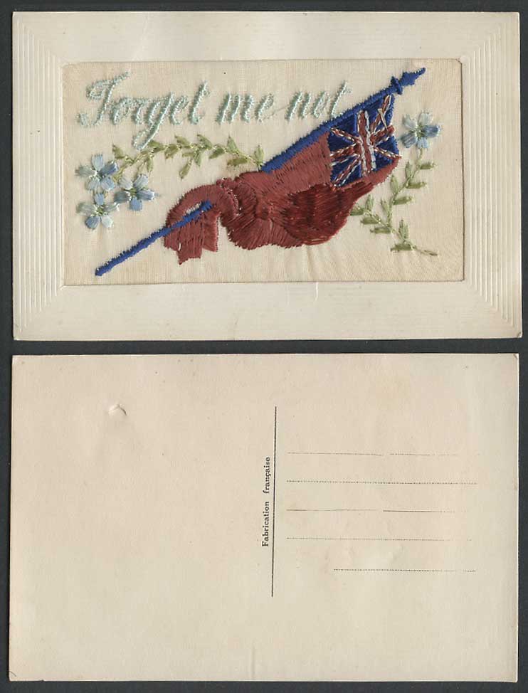 WW1 SILK Embroidered Old Postcard FORGET ME NOT Flowers & Flag Novelty Greetings