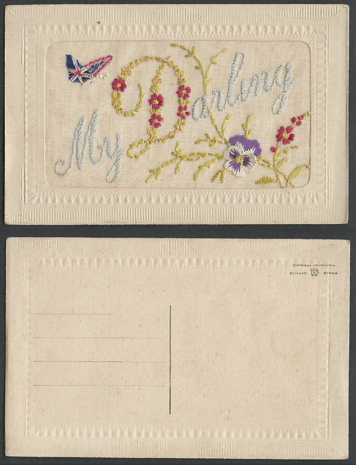 WW1 SILK Embroidered Old Postcard My Darling Flag Butterfly Pansy Flower Flowers