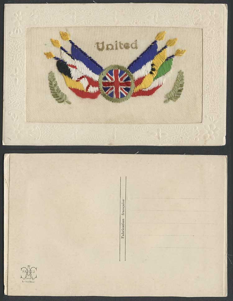 WW1 SILK Embroidered French Old Postcard United Flags British Flag Leave Novelty