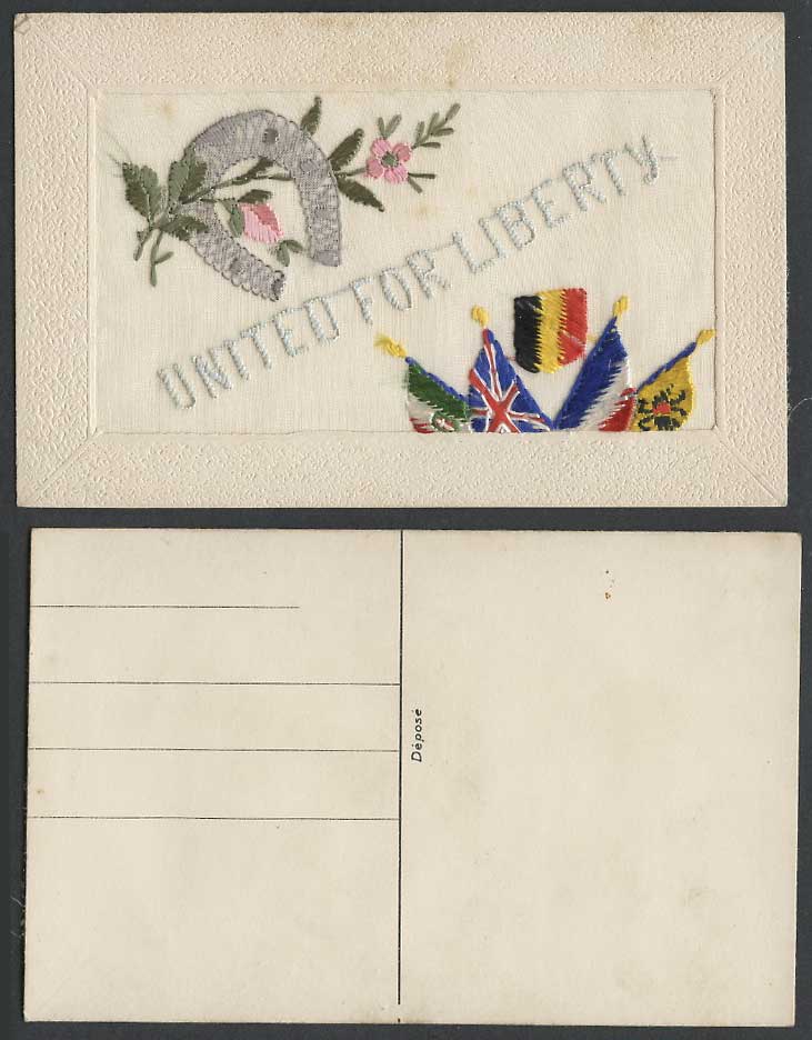 WW1 SILK Embroidered Old Postcard United For Liberty Horseshoe Flowers and Flags