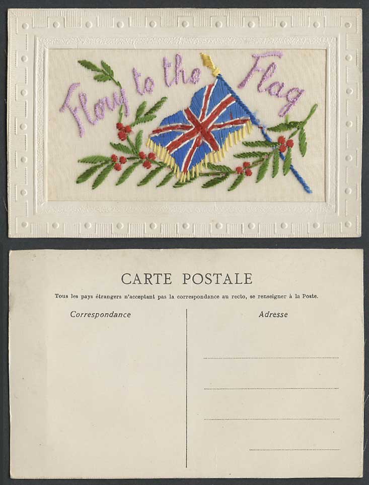 WW1 SILK Embroidered Old Postcard Glory / Flory To The Flag, British Flag, Holly