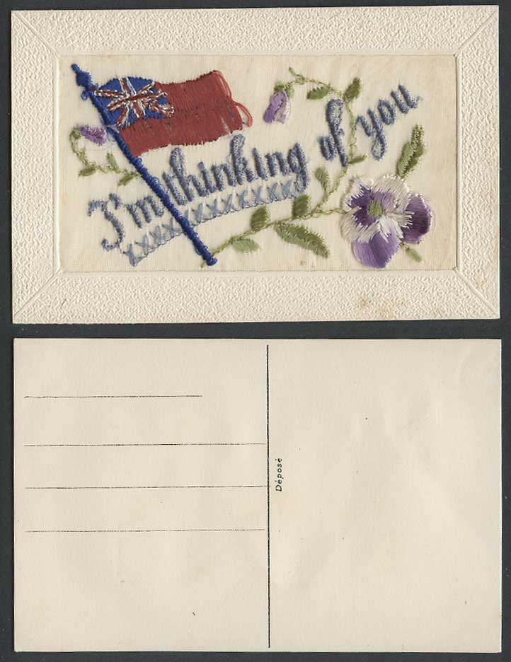 WW1 SILK Embroidered Old Postcard I'm Thinking of You Flag Pansy Flowers Pansies
