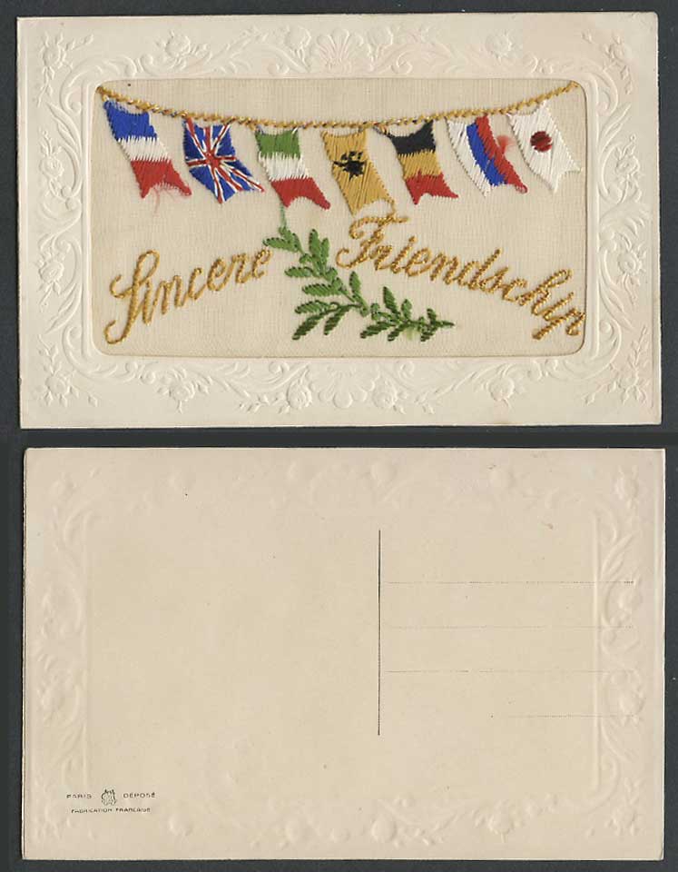 WW1 SILK Embroidered Old Postcard Sincere Friendship, Flags Japan Britain French