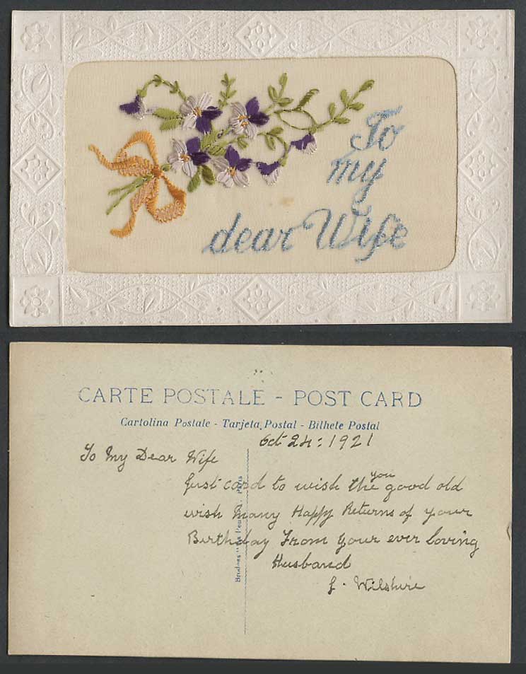 SILK Embroidered 1921 Old Postcard To My Dear Wife, A Bunch of Flowers, Novelty